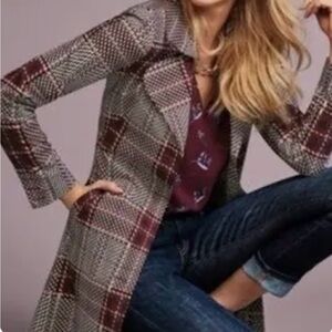 CAbi Burgundy and Gray Plaid Trench Coat